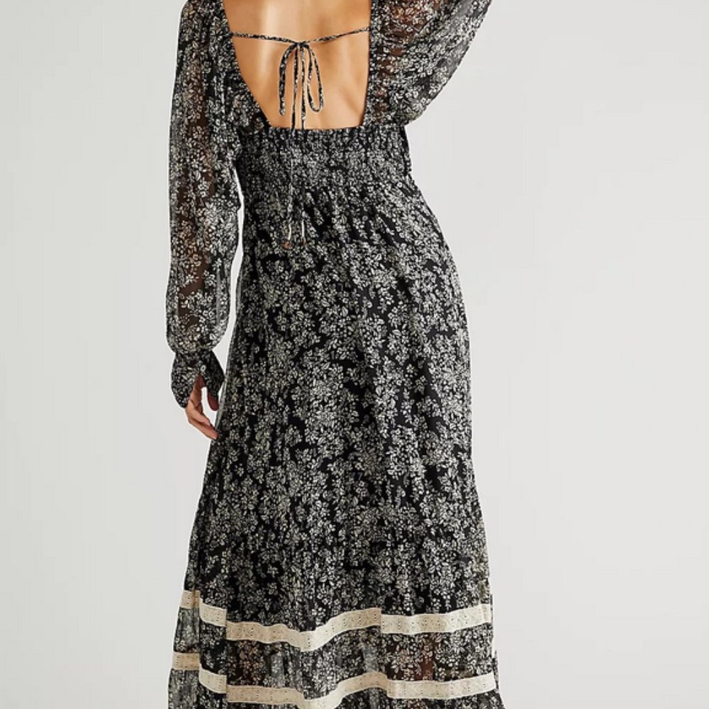 Free People Black Floral Maxi Dress with Cream Trim - Picture 3 of 6